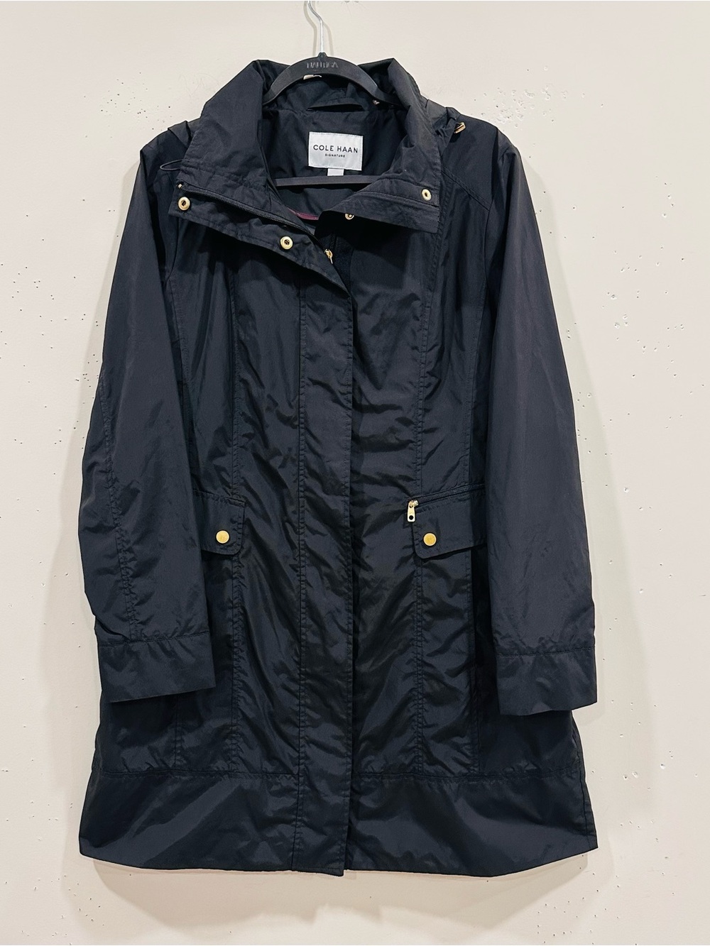Cole Haan Signature Women's Packable Hooded Rain Jacket Coat Black Size L